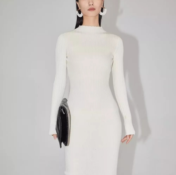 Cream Ribbed Knit High Neck Midi Dress - Picture 3 of 15